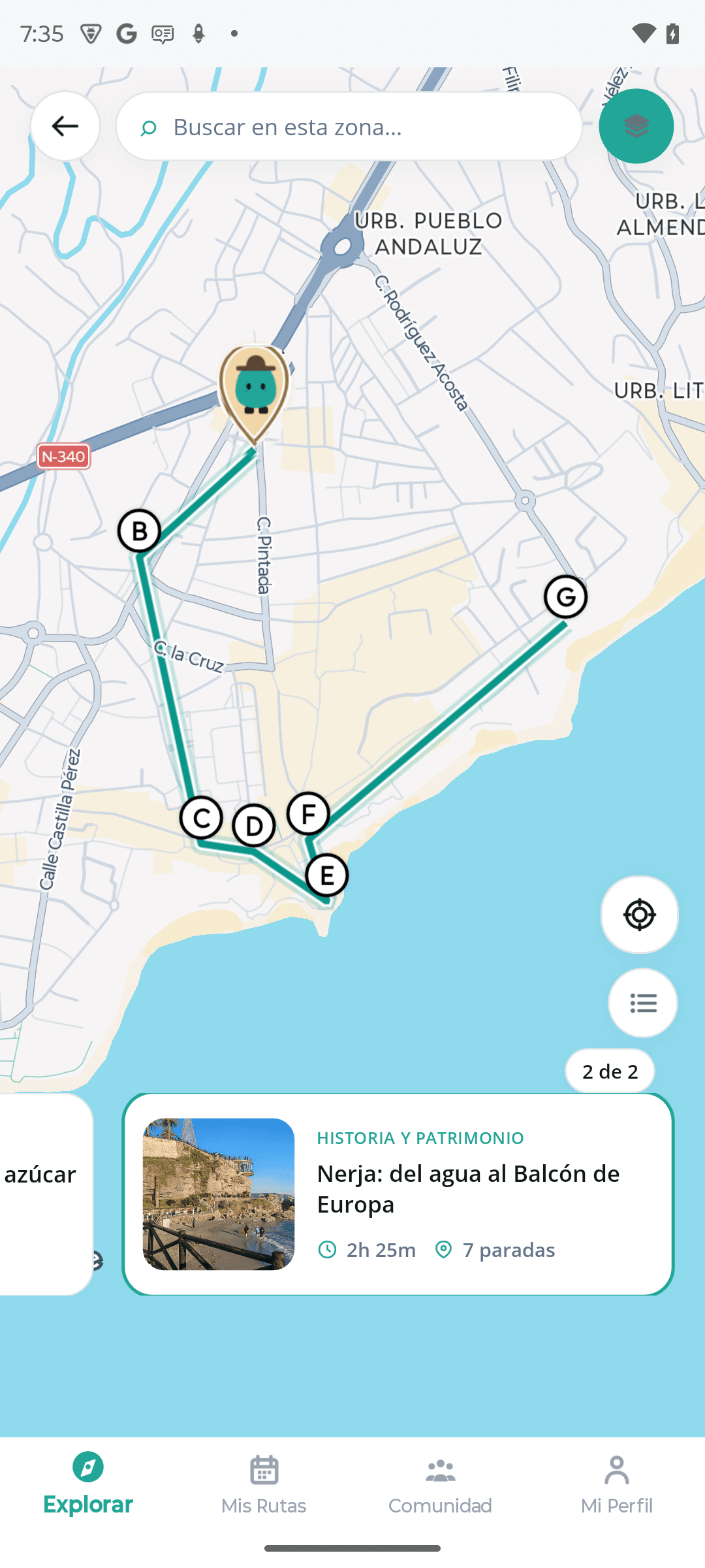 Mapa de Nerja en KnowCity con una ruta y siete paradas