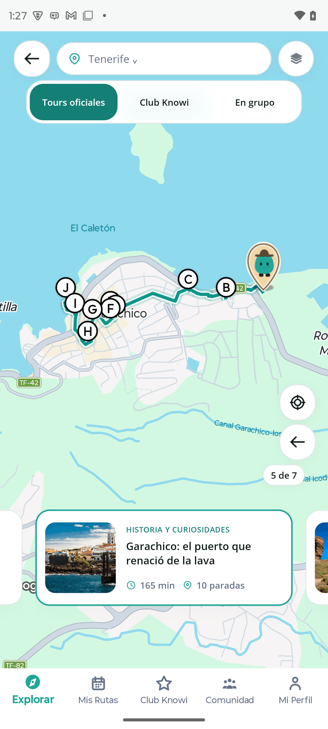 Captura real de KnowCity: Garachico seleccionado en Tenerife, ruta ampliada con diez paradas y tarjeta del tour
