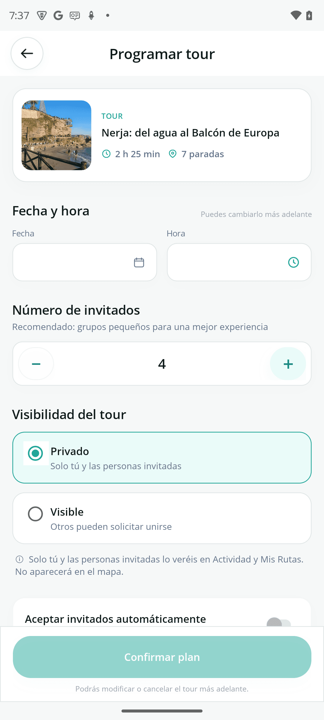 Pantalla de KnowCity para programar el tour de Nerja