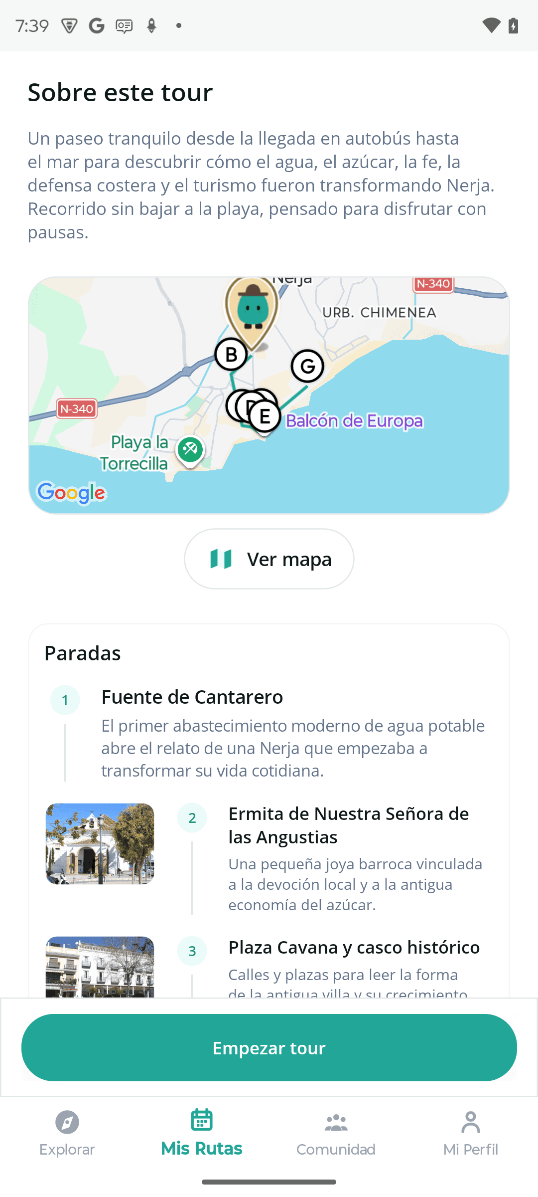 Detalle del tour de Nerja con mapa y sus primeras paradas